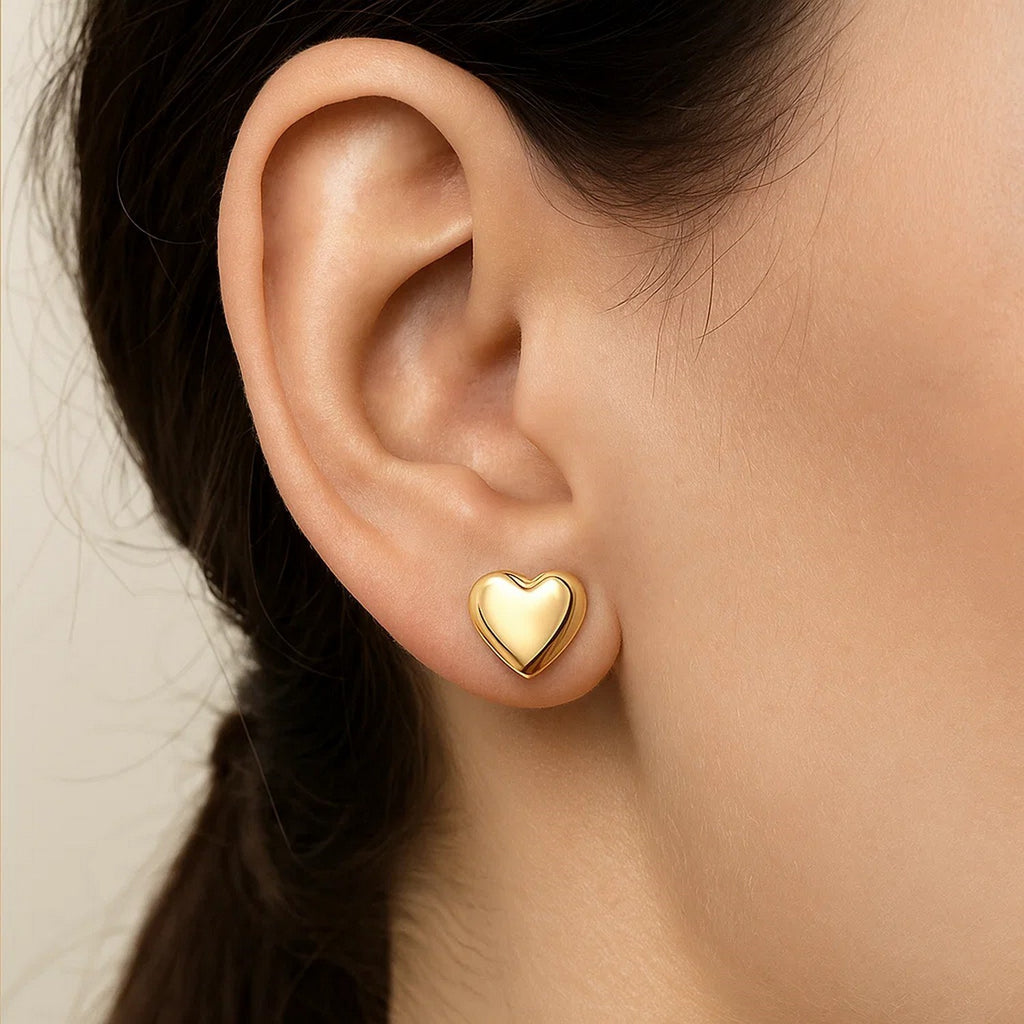 Puffed Up Heart Stud Earrings in 14K Yellow Gold