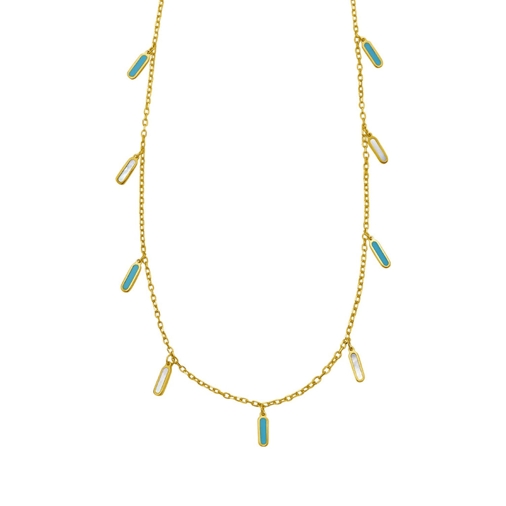14K Yellow Gold Turquoise And MOP Inlay Station Necklace