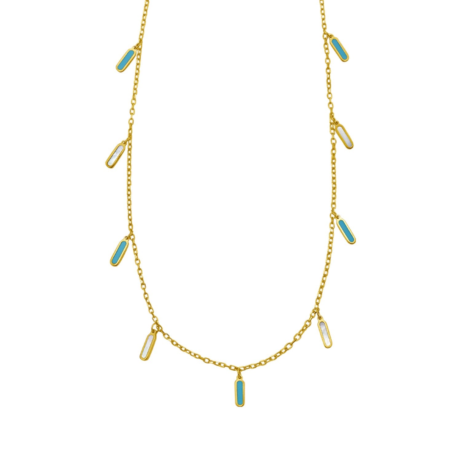 14K Yellow Gold Turquoise And MOP Inlay Station Necklace