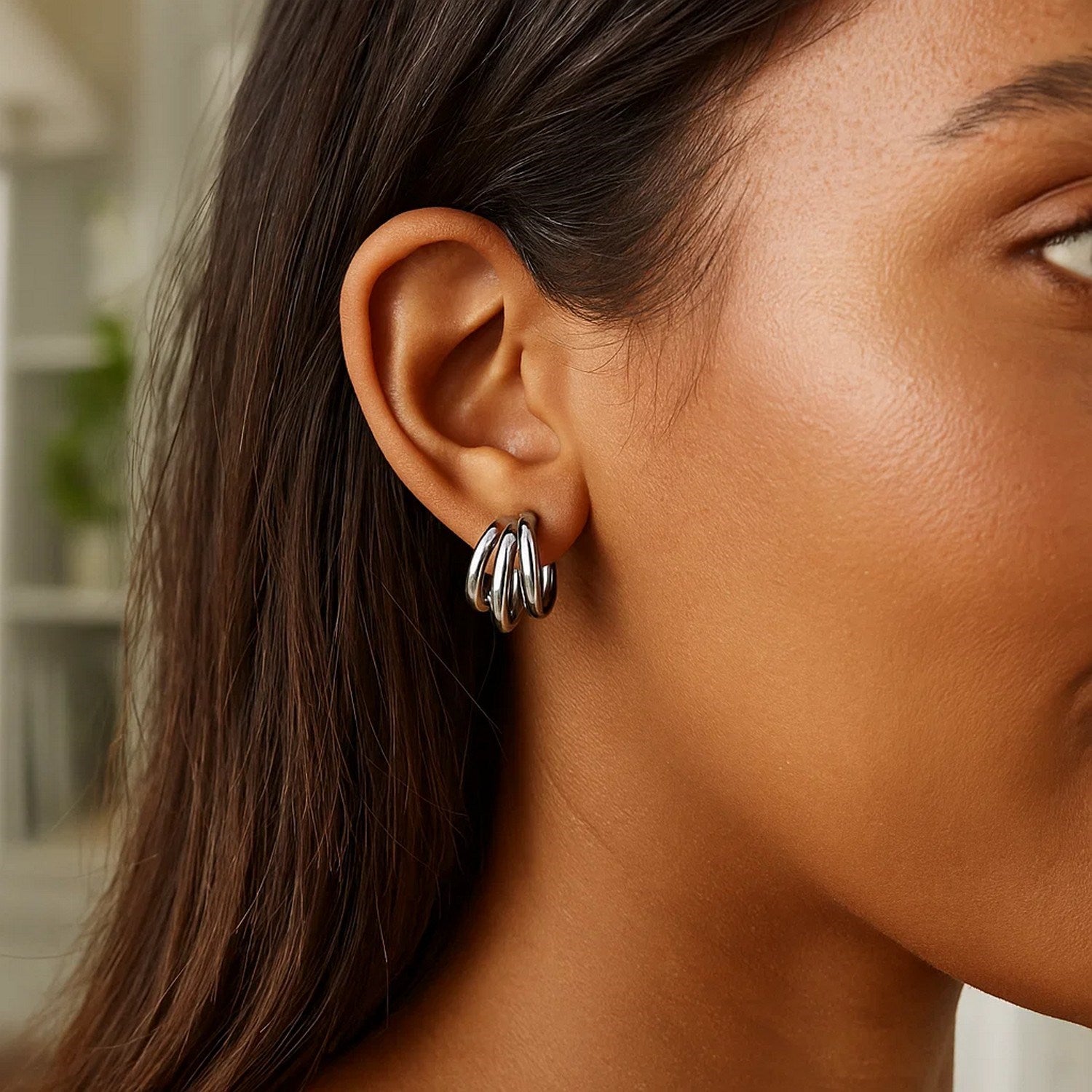 Sterling Silver Triple Row Strand Hoop Earrings