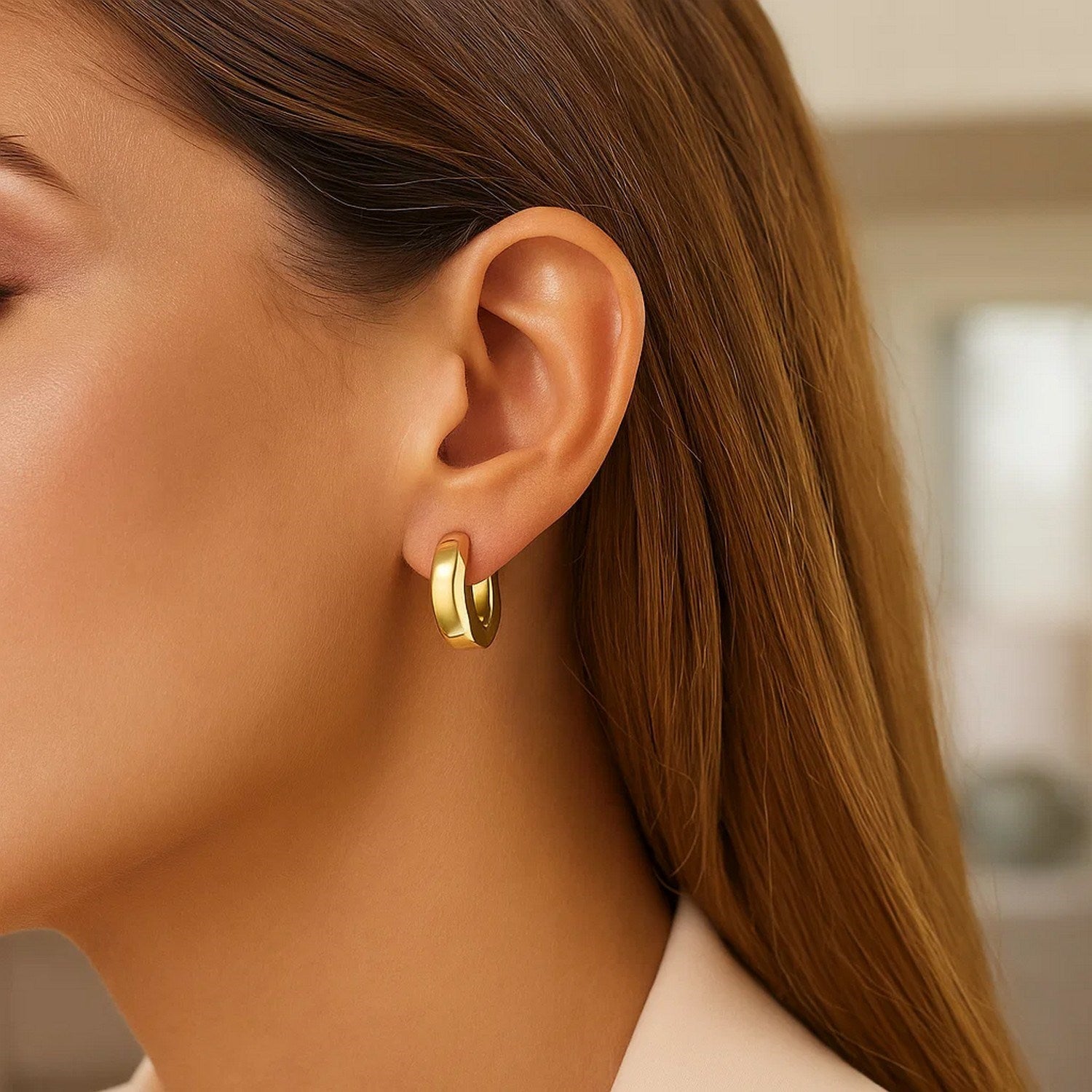 14K Yellow Gold Thick Post Hoop Earrings