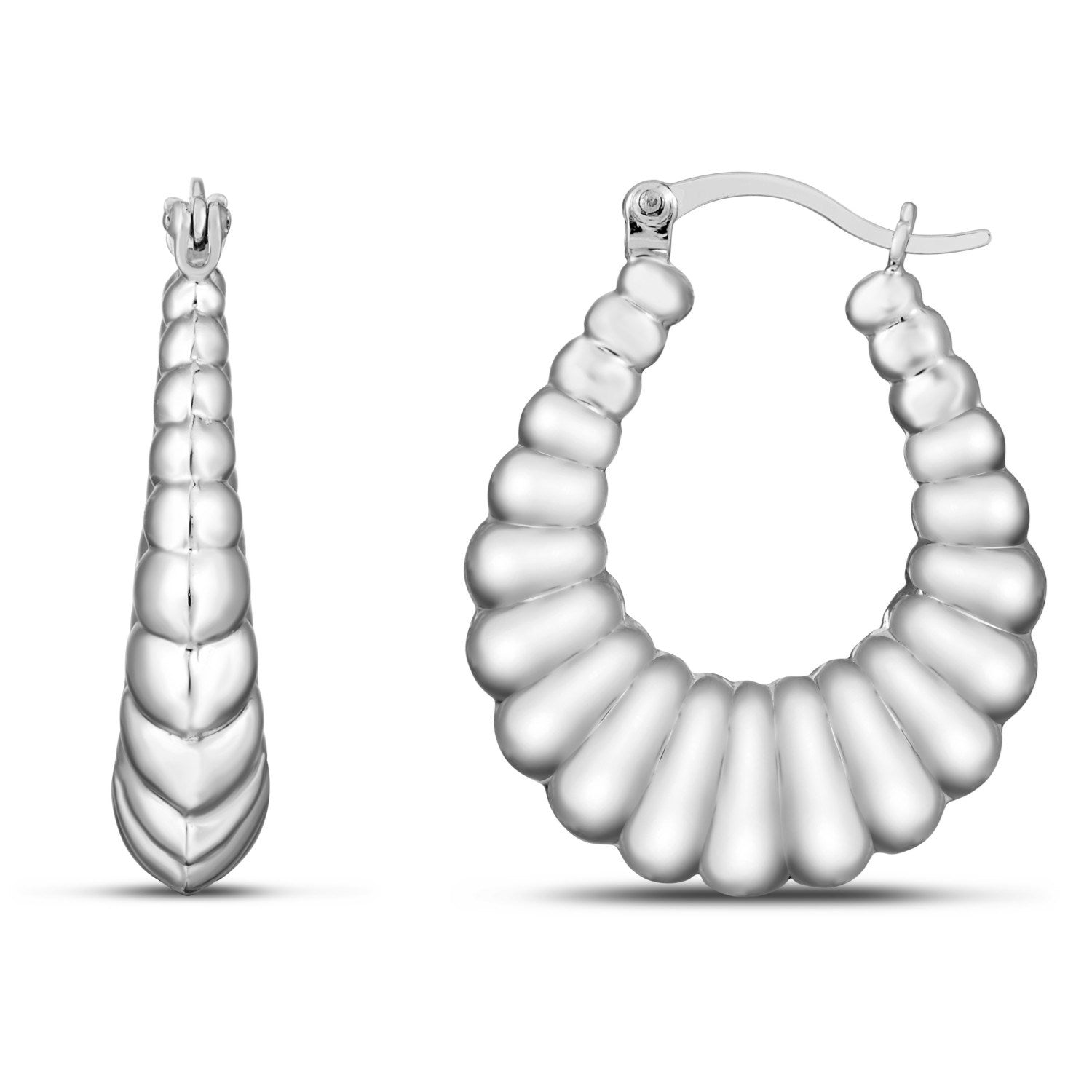 Sterling Silver Rhodium Plated Graduated Ribbed Hoop Earrings