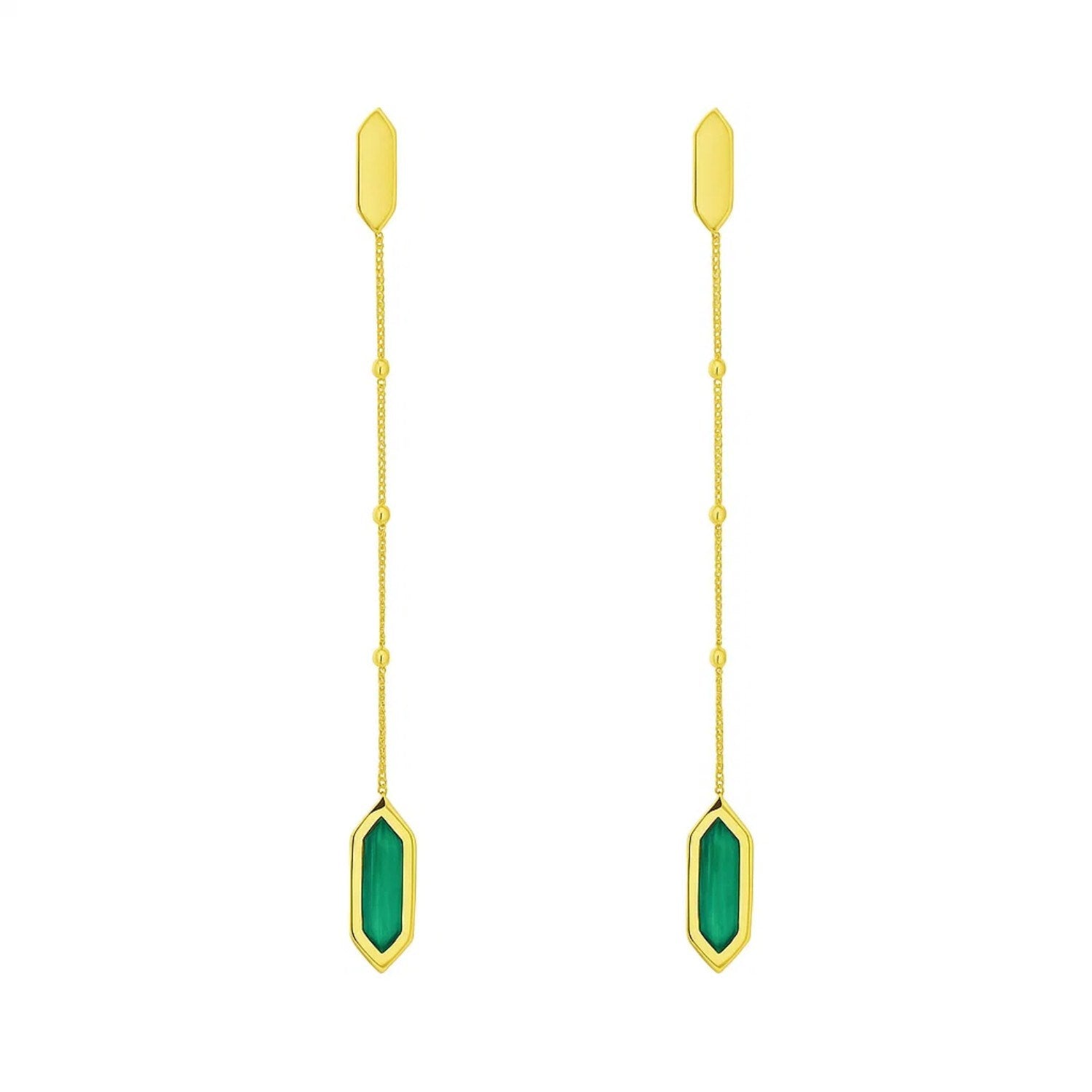 14K Yellow Gold Hexagon Malachite Drop Earrings
