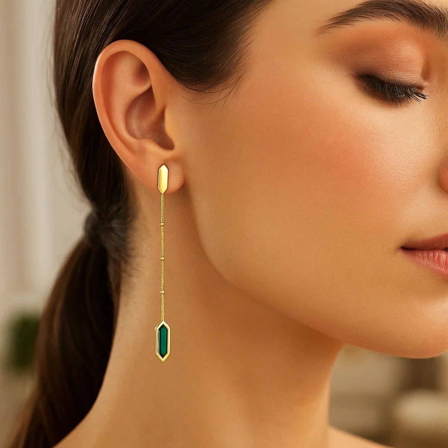 14K Yellow Gold Hexagon Malachite Drop Earrings