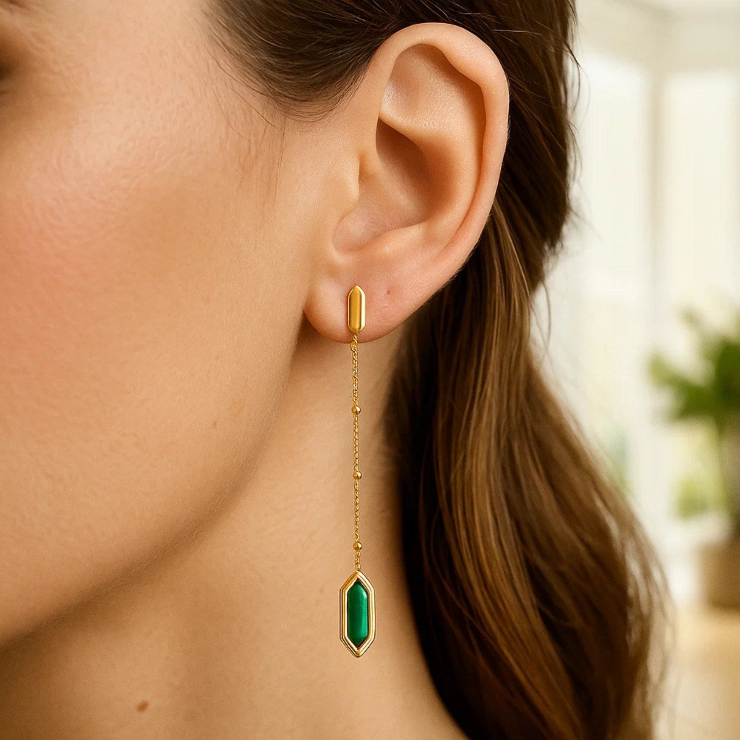14K Yellow Gold Hexagon Malachite Drop Earrings