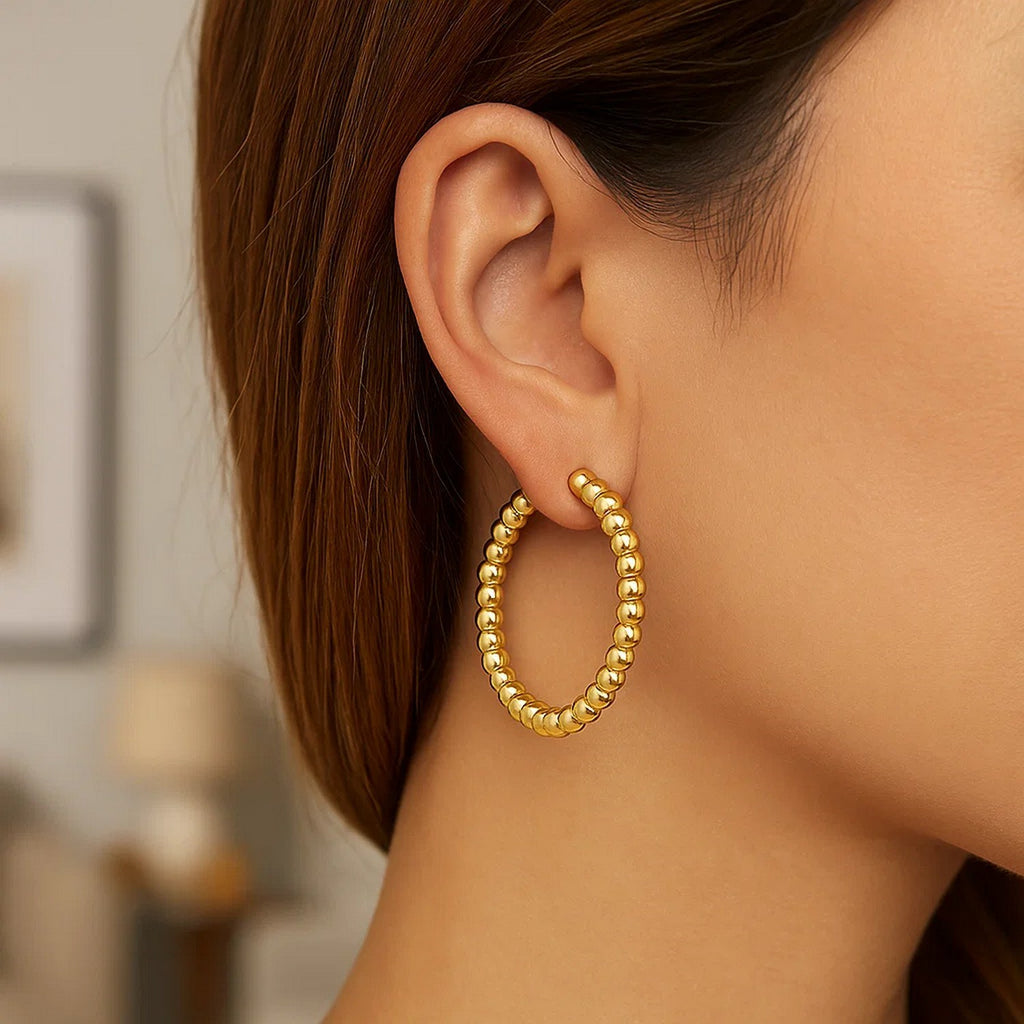 14K Yellow Gold Polished Large Bead Hoop Earrings