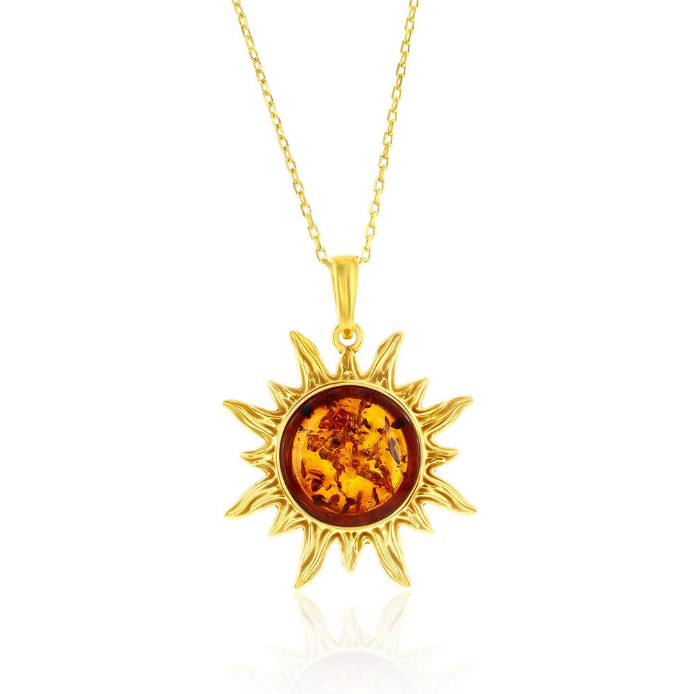 Sterling Silver Amber Sun Pendant with Gold Plated Finish