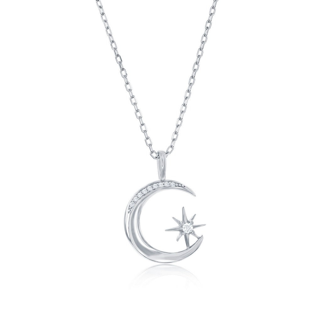 Sterling Silver Crescent Moon & Star CZ Necklace