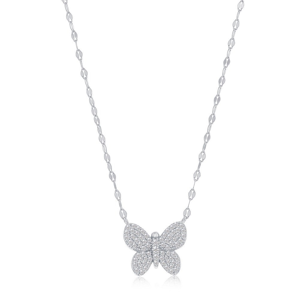 Sterling Silver Butterfly Pave CZ Necklace – Mirror Chain Design