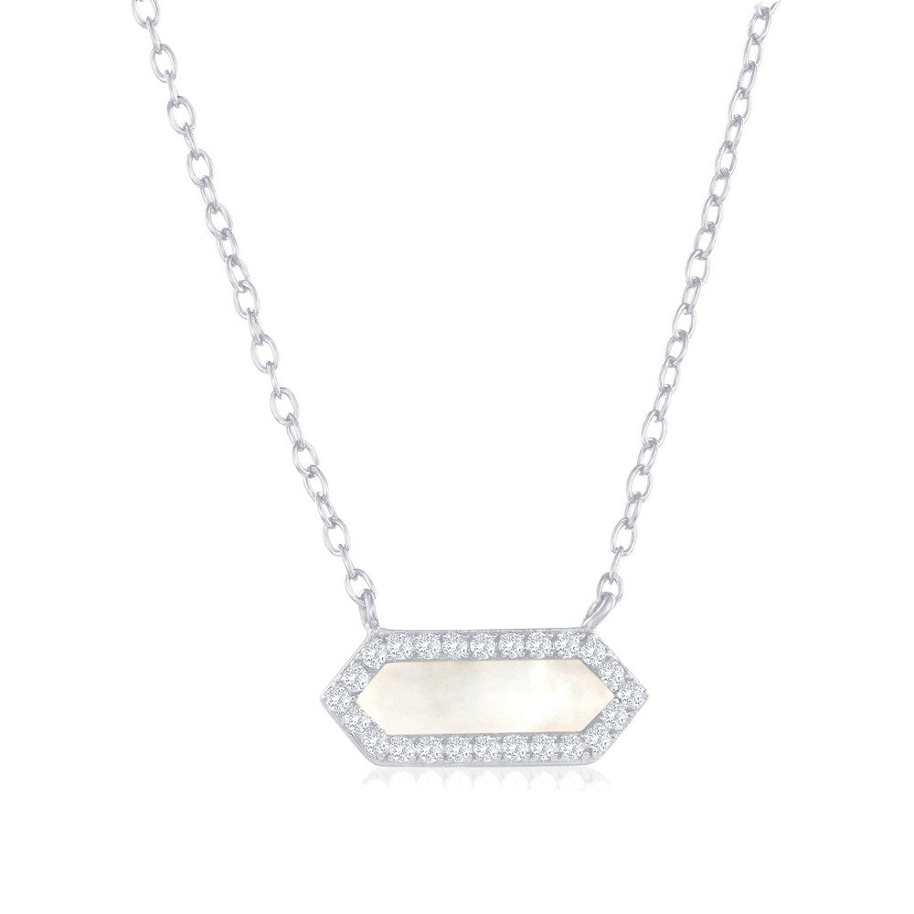 Sterling Silver Hexagon Mother of Pearl CZ Border Necklace