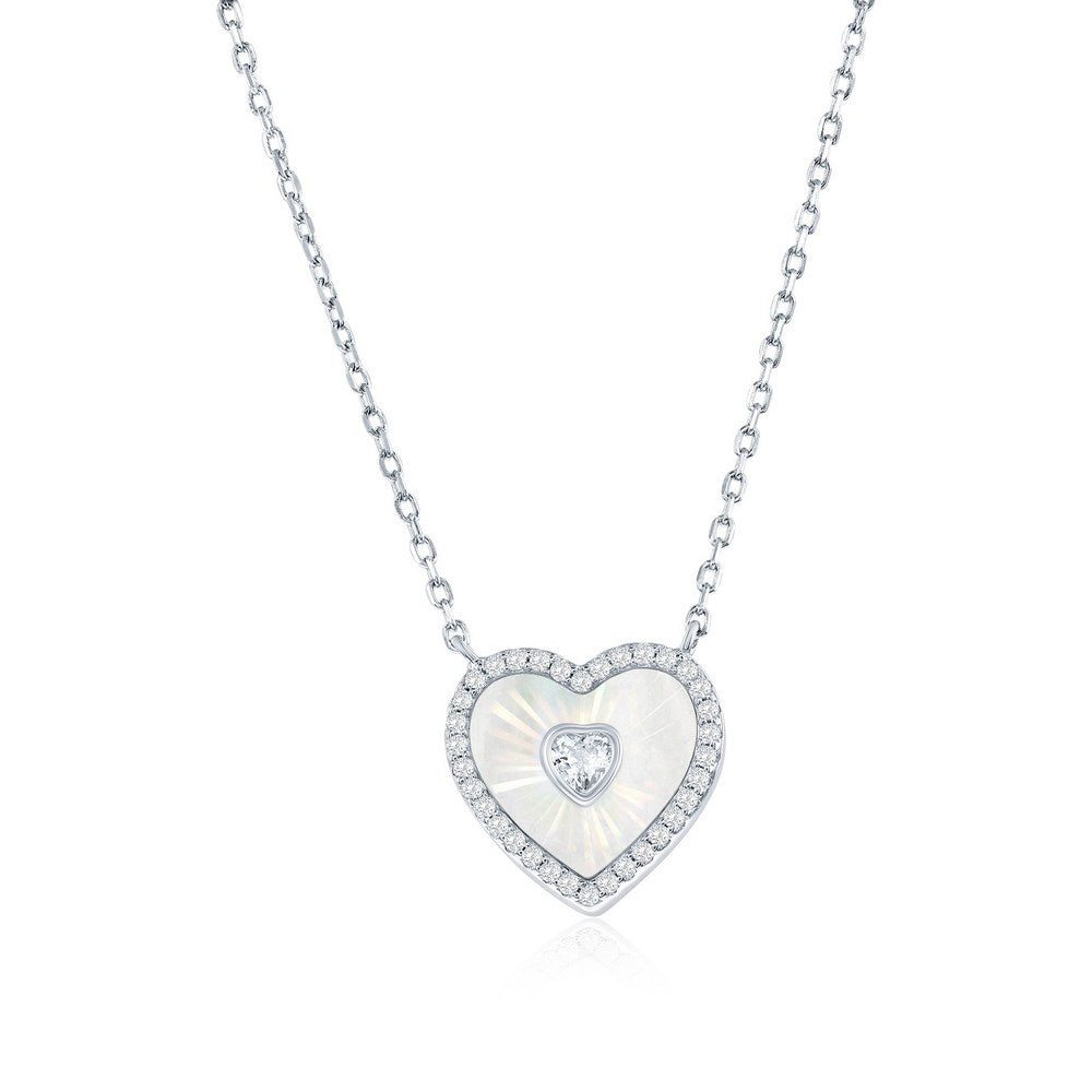 Sterling Silver Heart Mother of Pearl CZ Necklace