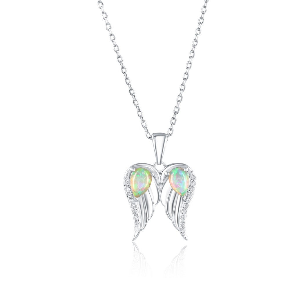 Pear-Shaped Opal Angel Wings CZ Pendant Necklace
