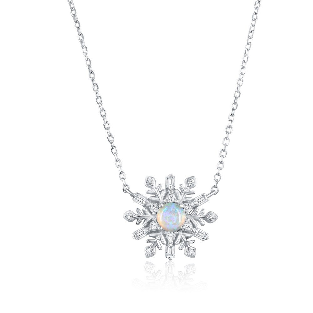 Opal Snowflake Pendant Necklace with CZ Accents in Sterling Silver