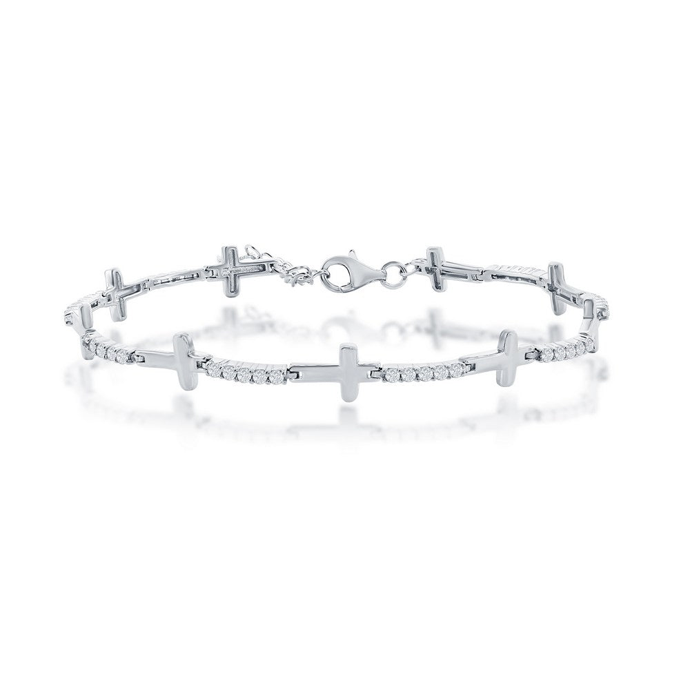 Sterling Silver Sideways Cross CZ Tennis Bracelet