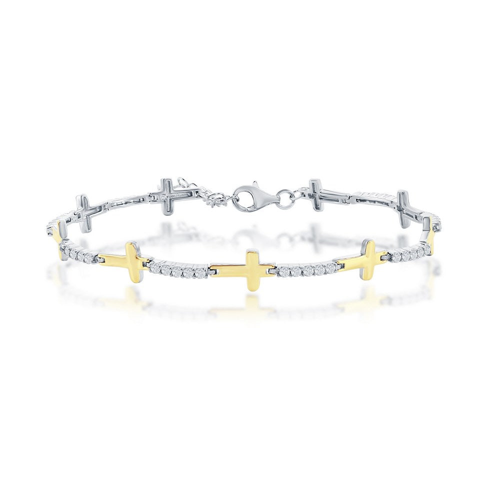 Sterling Silver Sideways Cross CZ Tennis Bracelet – Two-Tone Finish