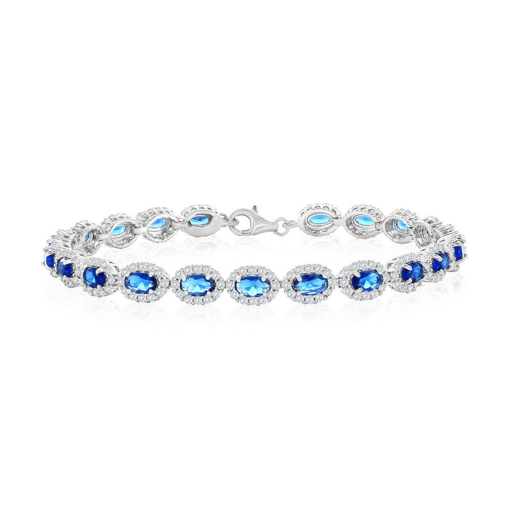 Sterling Silver Oval Sapphire CZ Halo Tennis Bracelet
