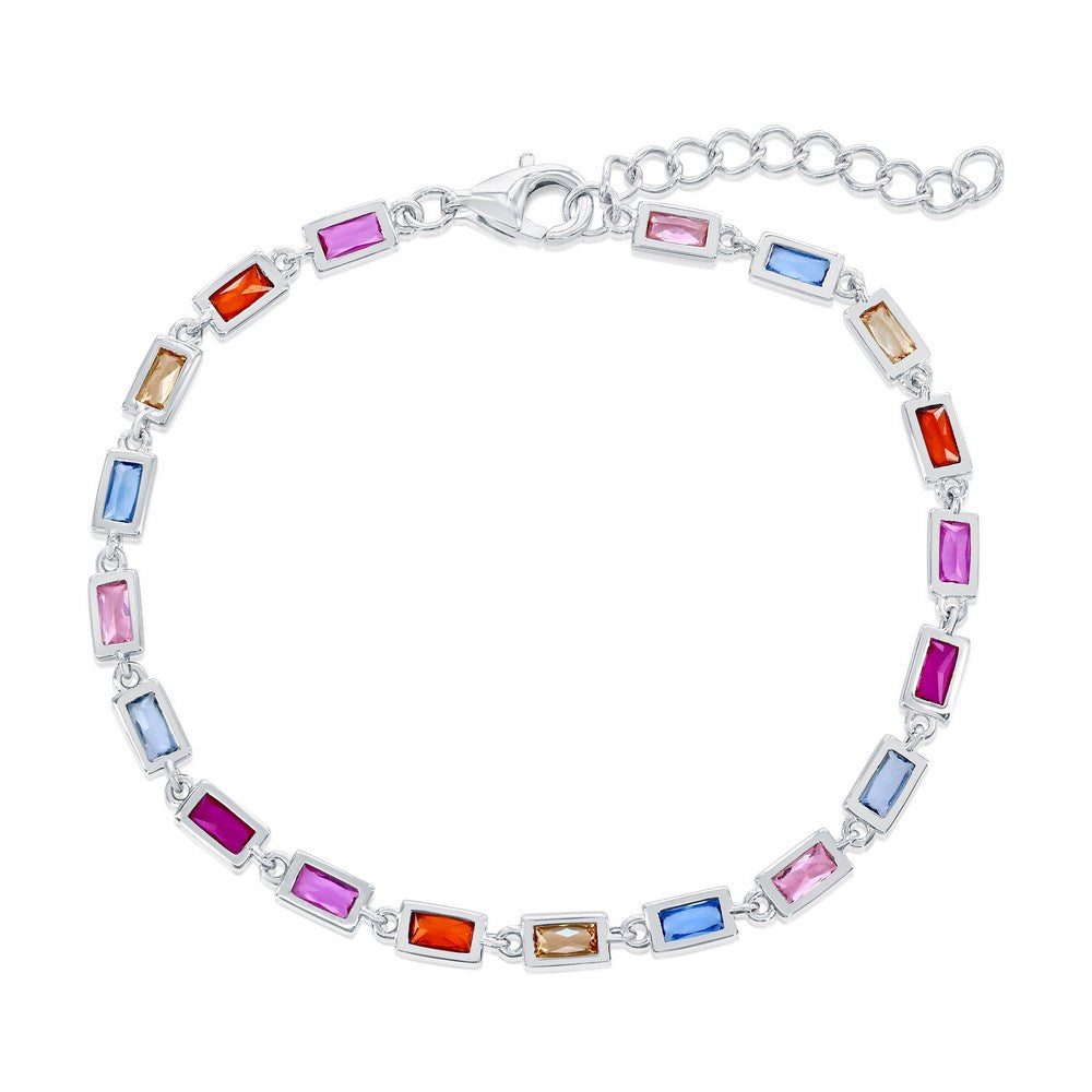 Sterling Silver Bezel Rectangle Multi-Color CZ Bracelet