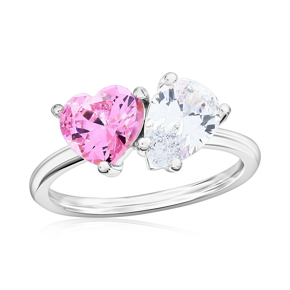 Sterling Silver Heart & Pear CZ Pink Statement Ring