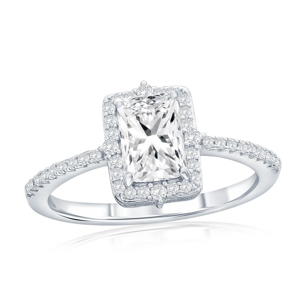 Sterling Silver Emerald Cut Halo CZ Ring