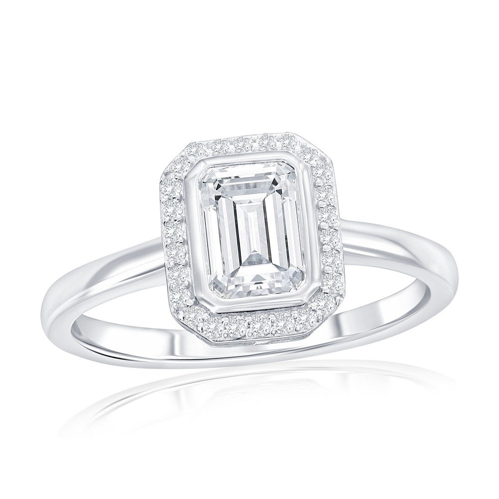 Sterling Silver Rectangle Halo CZ Engagement Ring