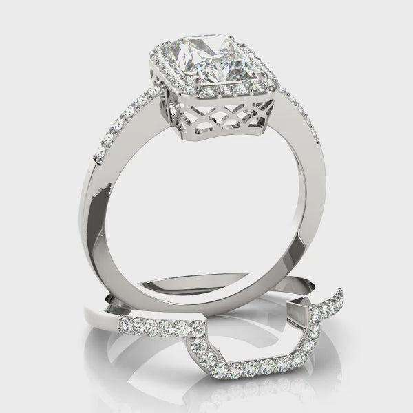 Single Row Emerald Cut Halo Engagement Ring