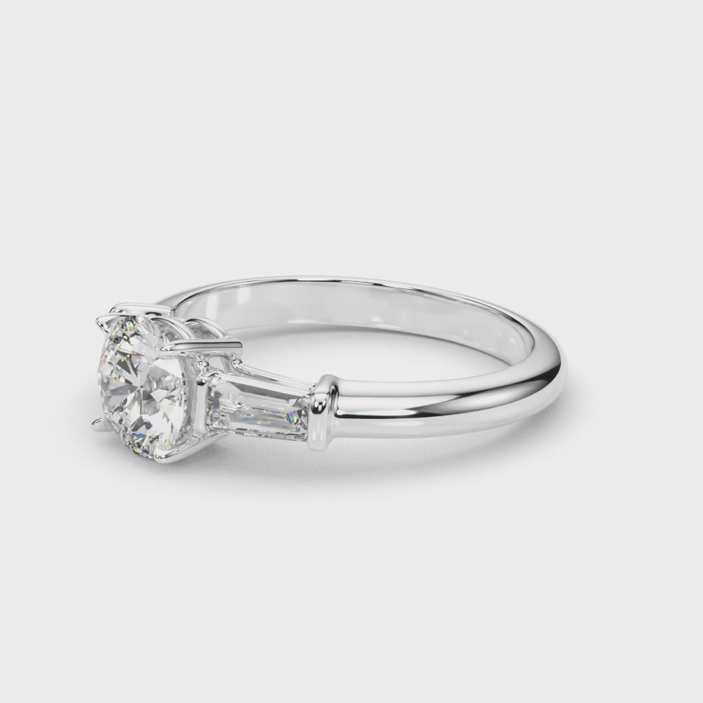 Round Diamond Three Stone Engagement Ring with Tapered Baguette Sides