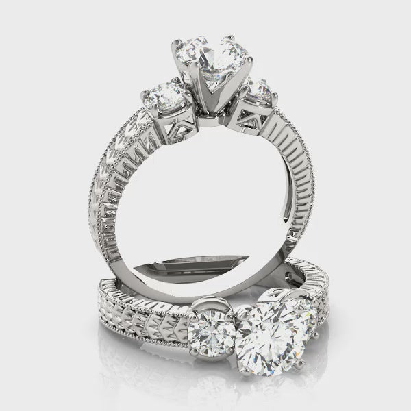 Three Stone Antique Filigree Engagement Ring Vintage Style
