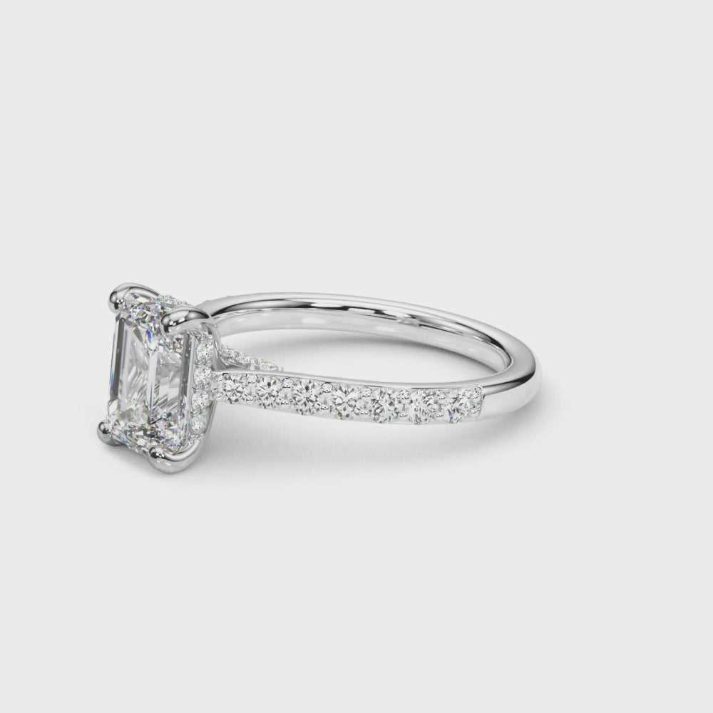 Emerald Cut Diamond Engagement Ring with Hidden Halo Prong Setting 1.0 Carat