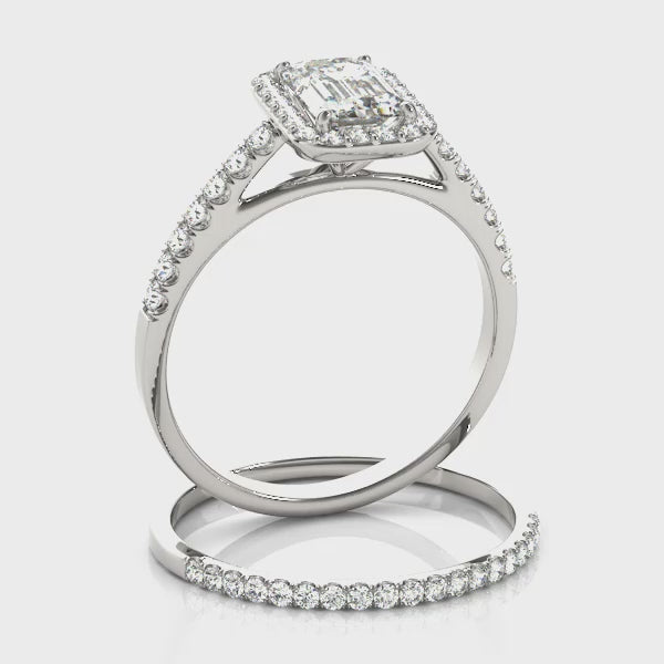 Emerald Cut Halo Engagement Ring with Melee Accents