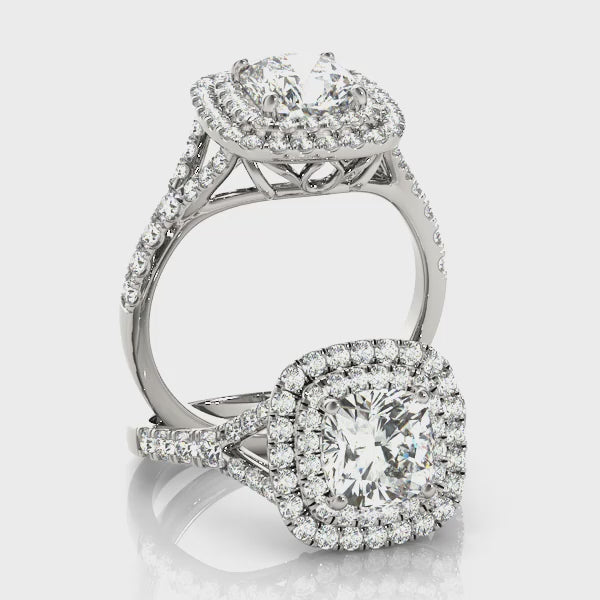 Cushion Cut Split Shank Double Halo Engagement Ring