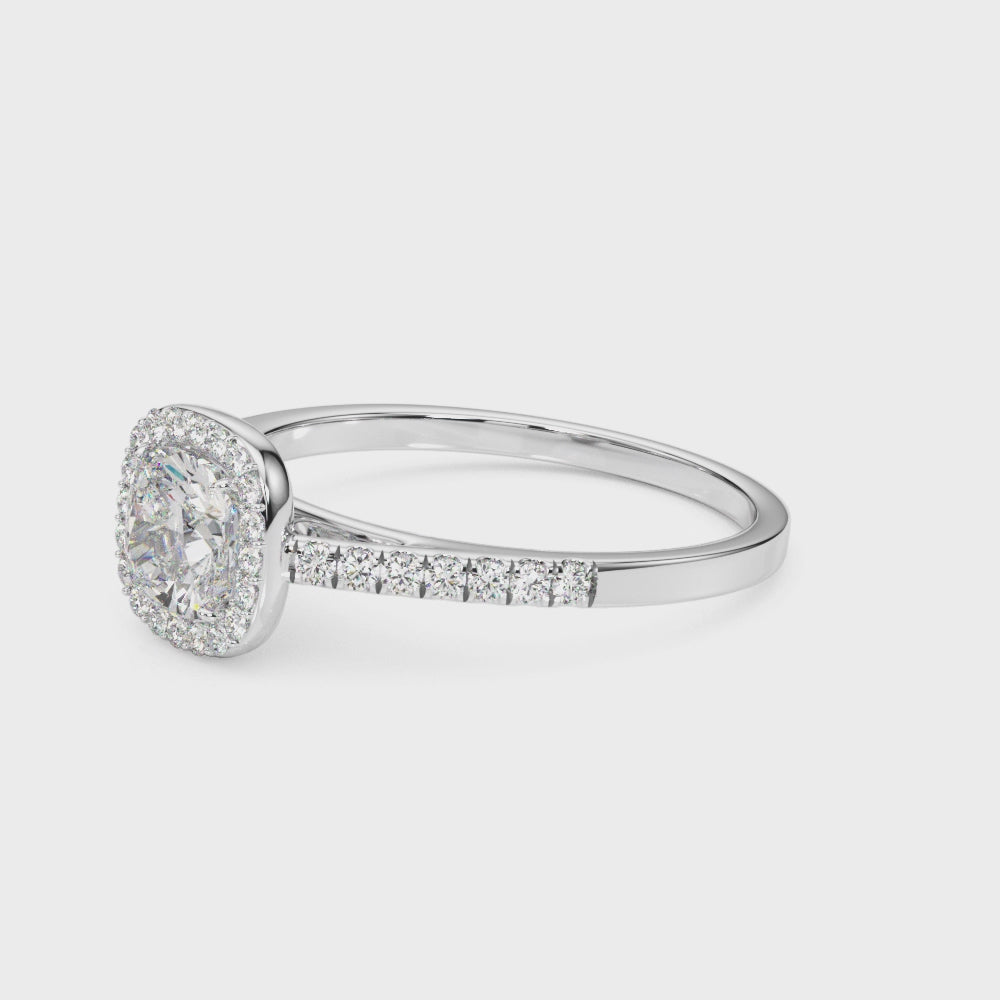 Cushion Halo Engagement Ring with Single Row Diamond Design