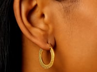 14k Yellow Gold Greek Key Medium Hoop Earrings with Flat Sides