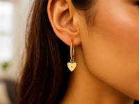 14K Yellow Gold Diamond Heart Charm Hoop Earrings