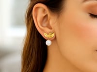 Pearl Drop Earrings with Cherry Leaf in 14K Yellow Gold