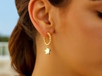 14K Yellow Gold Drop Star Charm Beaded Hoop Earrings