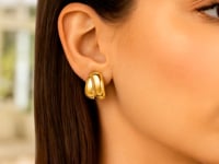 Sterling Silver Yellow Gold Plated Puffed Double Row Crossover C Hoop Earrings