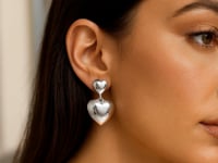 Sterling Silver Rhodium Plated Puffed Double Heart Drop Earrings