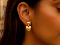 Sterling Silver Yellow Gold Plated Puffed Double Heart Drop Earrings