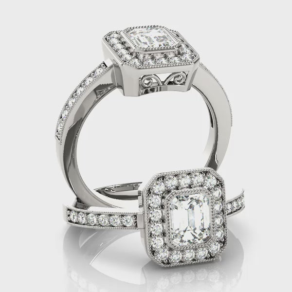 Emerald Cut Halo Engagement Ring with Diamond Accents
