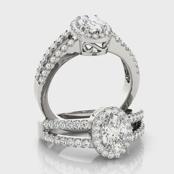 Oval Double Row Split Shank Halo Engagement Ring