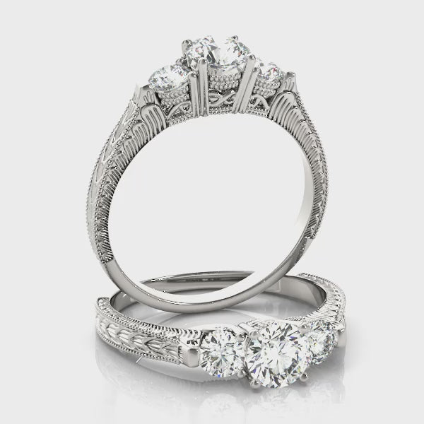 Three Stone Round Filigree Engagement Ring