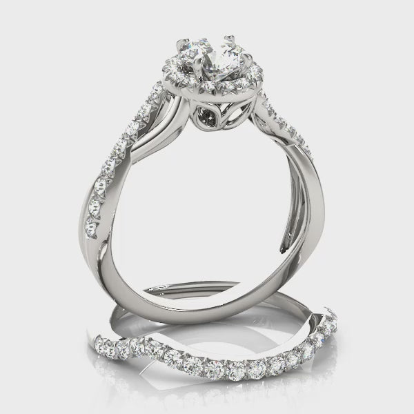 Bypass Twisted Shank Halo Diamond Engagement Ring