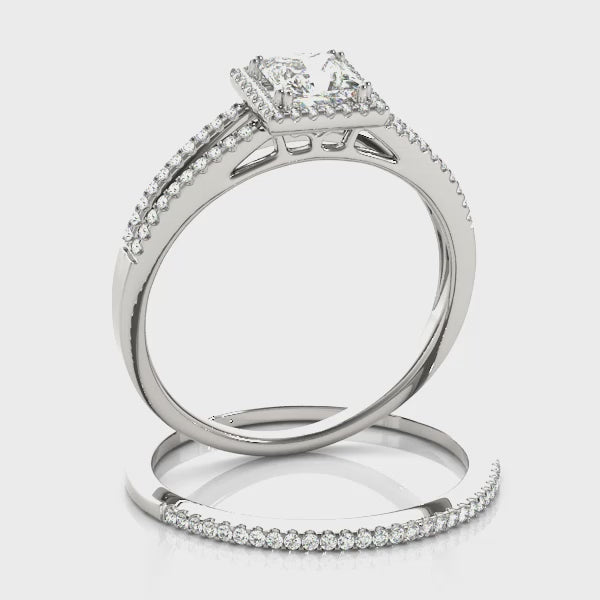Princess Cut Double Row Split Shank Halo Engagement Ring