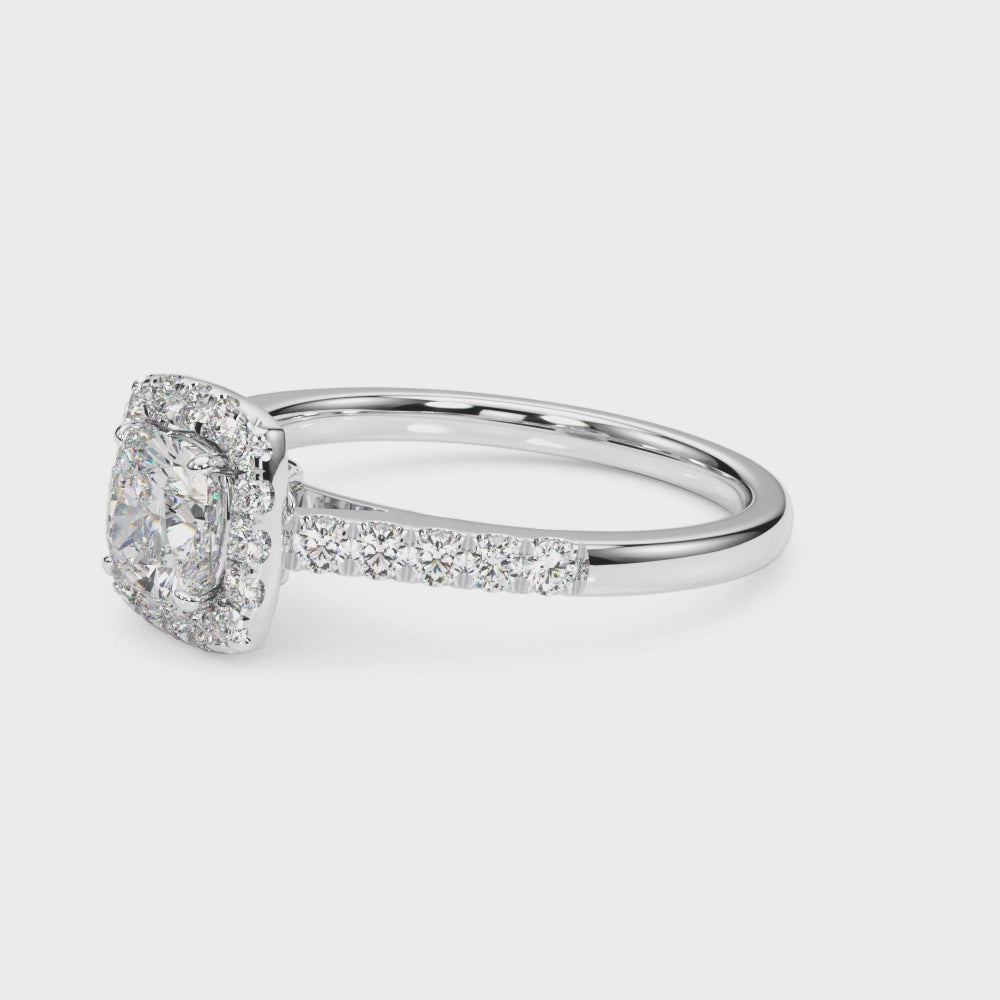 Cushion Halo Engagement Ring with Single Row Sparkle Design