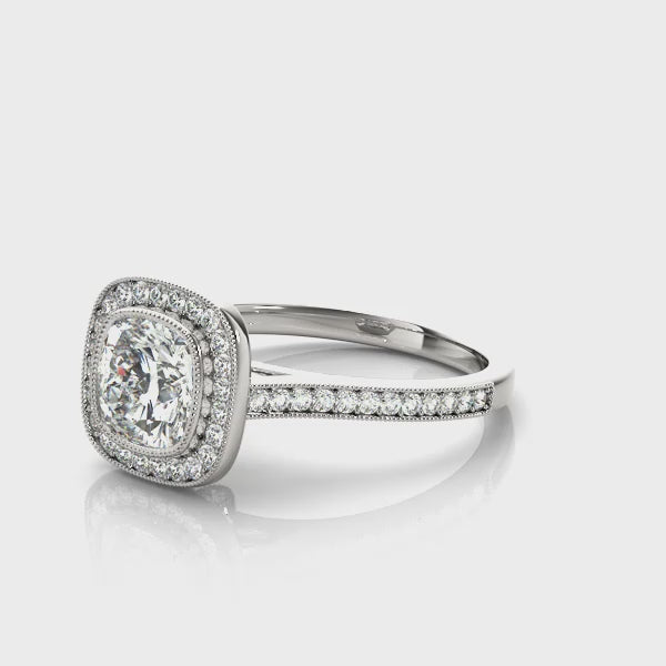 Halo Cushion Cut Diamond Engagement Ring with Sparkling Halo Design