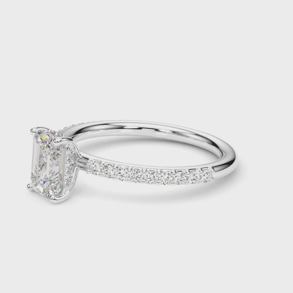 Emerald Cut Diamond Engagement Ring with Hidden Halo 0.90 Carat