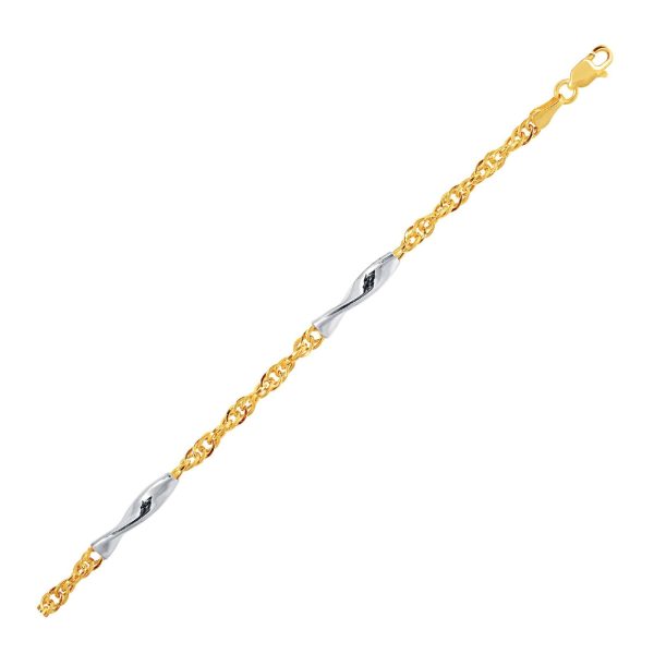 14k Two-Tone Gold Rope Bracelet with Polished Spiral Bar Stations