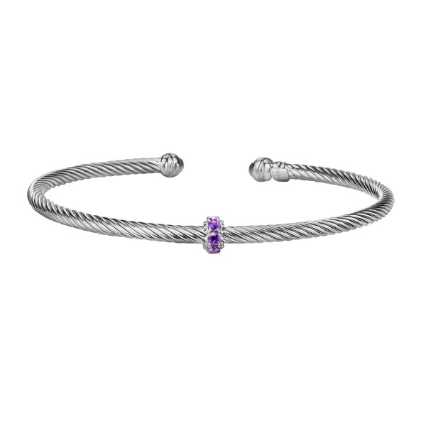 Amethyst Bangle Bracelet/ Round Polished Silver Bracelet