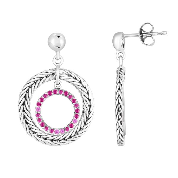 Silver Round Drop Earrings with Pink Sapphires