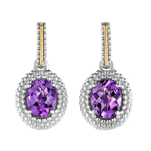 Oval-cut Amethyst Silver and Gold Drop Earrings